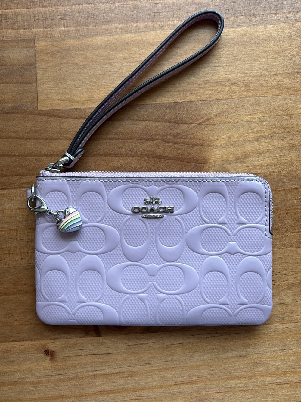 Coach Lilac Embossed Signature Wristlet with Heart Charm